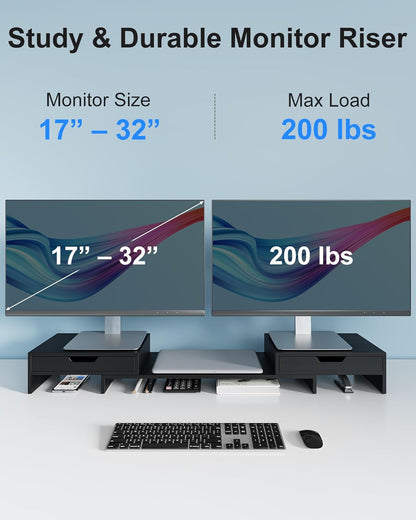 Epesoware Dual Monitor Riser with Two Drawers for Desk, Bamboo Monitor Stand Riser with Storage, Desk Shelf for Computer, IMac & Laptop, No Assembly Required, Black