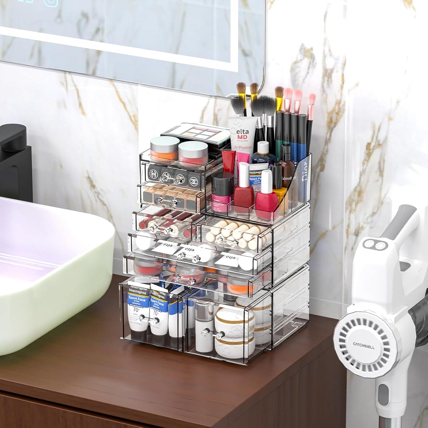 Cq acrylic Make Up Organizers for Vanity With 14 Drawers, 4 Pack Clear Drawer Organizers,Plastic Cute Desk Accessories Organization and Bathroom Organizers Storage Case Box Cube for Beauty,Skin Care