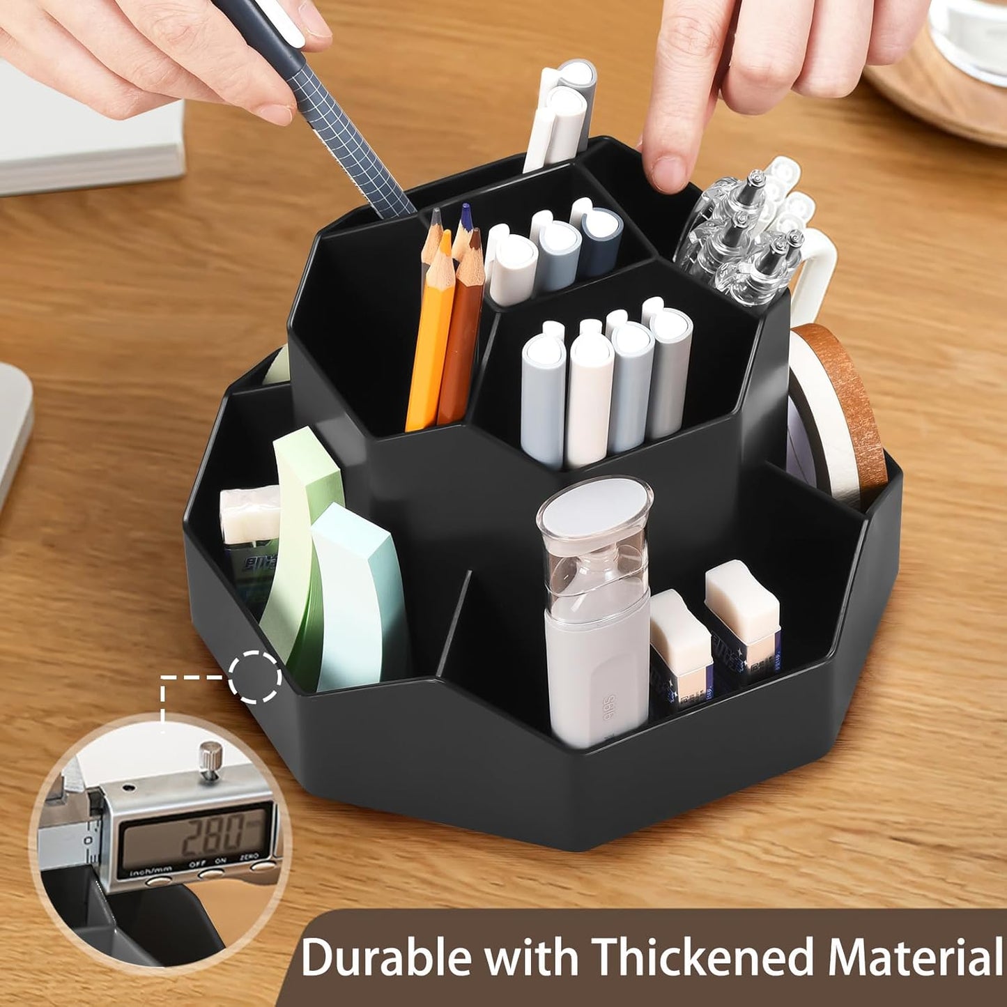 Pencil Pen Holder for Desk, 9 Slots 360 Degree Rotating Desk Organizer, Cute Pen Organizers Stationery Supplies for Office Home & Art Supply (Beige)