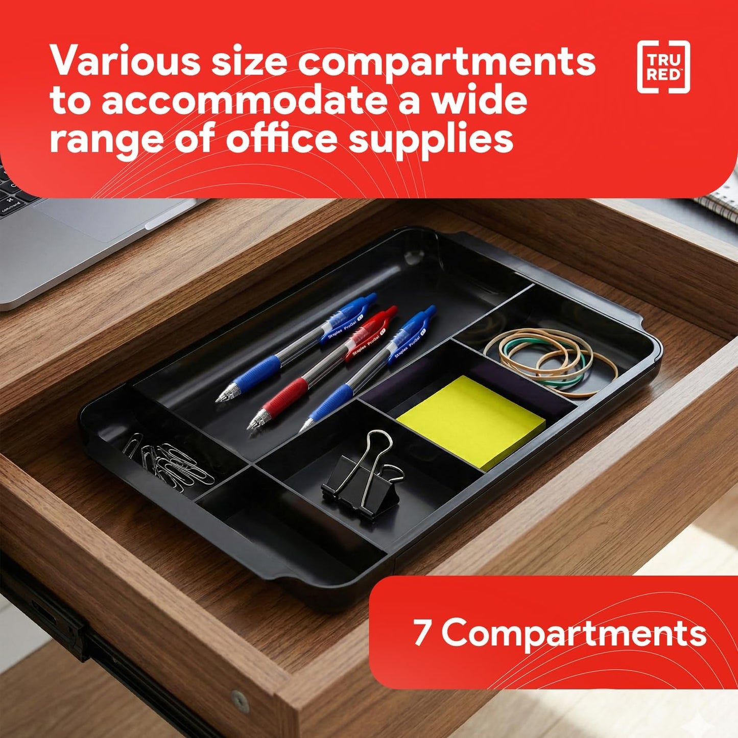 TRU RED Expandable Plastic Drawer Organizer, 7‑Compartment, Black – Adjustable Desk & Drawer Storage for Office Supplies