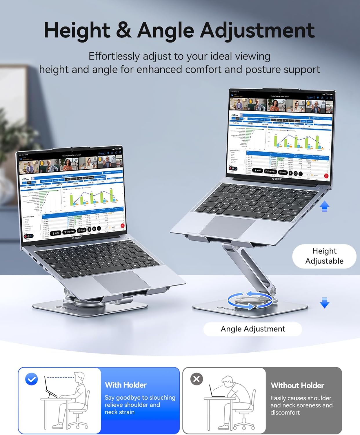 ORICO Adjustable Laptop Stand with 360° Rotating Base– Foldable Aluminum Alloy Laptop Holder for Desk, Compatible with MacBook Air/Pro, Dell, HP, XPS Laptops (13–17.3”) - ST10, Silver