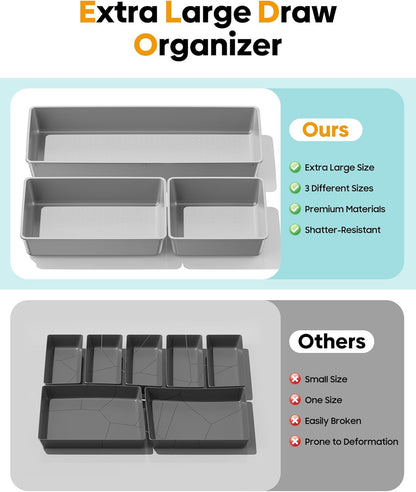 10 Pack Large Size Plastic Drawer Organizers Set, 3 Sizes Desk Drawer Organizer Trays, Storage Bins for Vanity, Makeup, Bathroom, Kitchen Utensils and Office (Black)