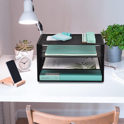 EASEPRES 3 Tier Mesh Desk Organizer Tray, File Paper Letter Folder Holder Desktop Paper Sorter Mail Organization Rack Storage Accessories, for Office Home School Classroom, Black