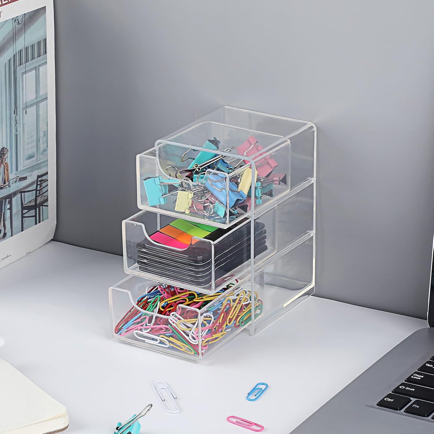 Hipiwe Acrylic Drawer Organizer Qtip Holder for Cotton Pad Cotton Swabs Makeup Storage Drawer with 3 Drawers Clear Desk Drawers Box Bathroom Counter Organizer for Home Office