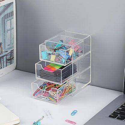 Hipiwe Acrylic Drawer Organizer Qtip Holder for Cotton Pad Cotton Swabs Makeup Storage Drawer with 3 Drawers Clear Desk Drawers Box Bathroom Counter Organizer for Home Office
