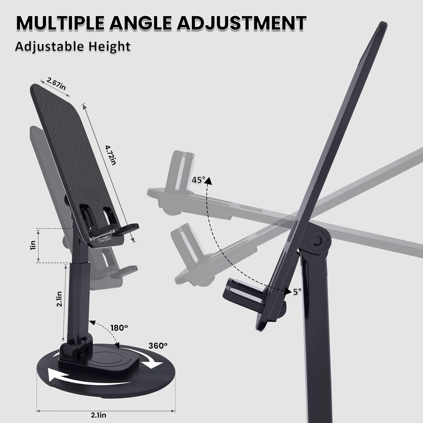 Cell Phone Stand, Adjustable Phone Holder 360° Rotation Fully Foldable Desktop Dock Compatible with iPhone 16 15 14 13 Pro Max Android Smartphone E-Reader Tablets (Black)