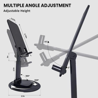 Cell Phone Stand, Adjustable Phone Holder 360° Rotation Fully Foldable Desktop Dock Compatible with iPhone 16 15 14 13 Pro Max Android Smartphone E-Reader Tablets (Black)