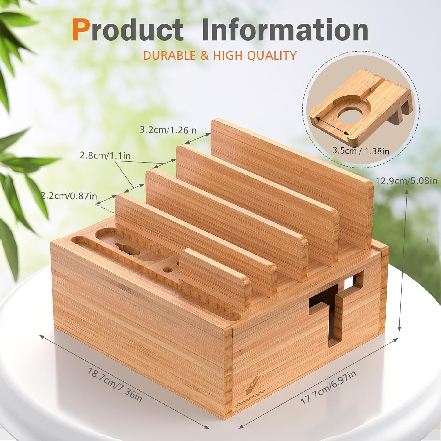 Pezin & Hulin Bamboo Charging Station Holder with 5 Port USB Charger, 5 x Charge Cables, Watch Stand, Wood Docking Stand Electronic Organizer for Multiple Devices, Phones, Tablets and More