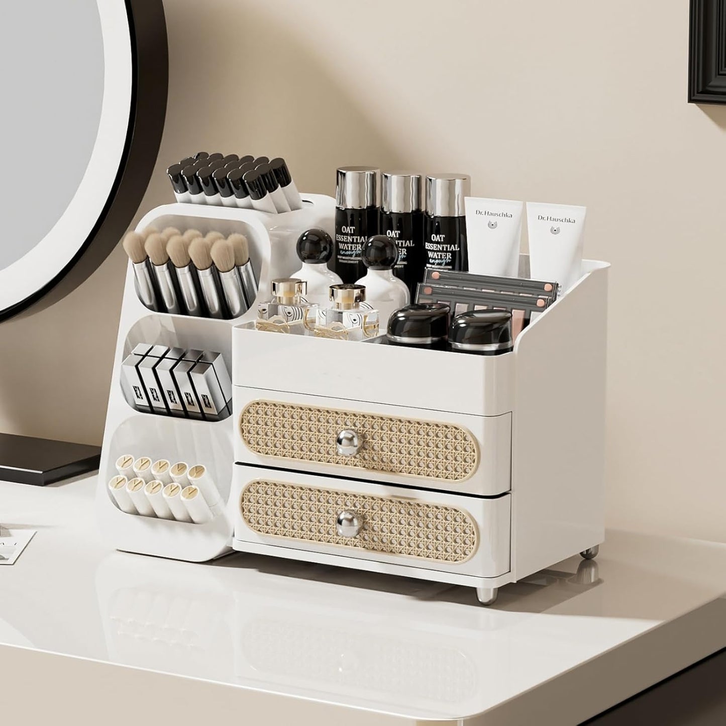 Booklov Makeup Organizer for Vanity, Countertop Cosmetic Display Case with Clear Acrylic Drawers, Bathroom Counter Beauty Caddy, Cute Table Storage Holder for Skincare, Brush Lipsticks, Crystal White