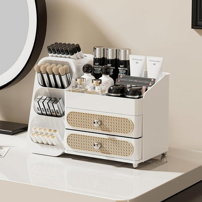 Booklov Makeup Organizer for Vanity, Countertop Cosmetic Display Case with Clear Acrylic Drawers, Bathroom Counter Beauty Caddy, Cute Table Storage Holder for Skincare, Brush Lipsticks, Crystal White
