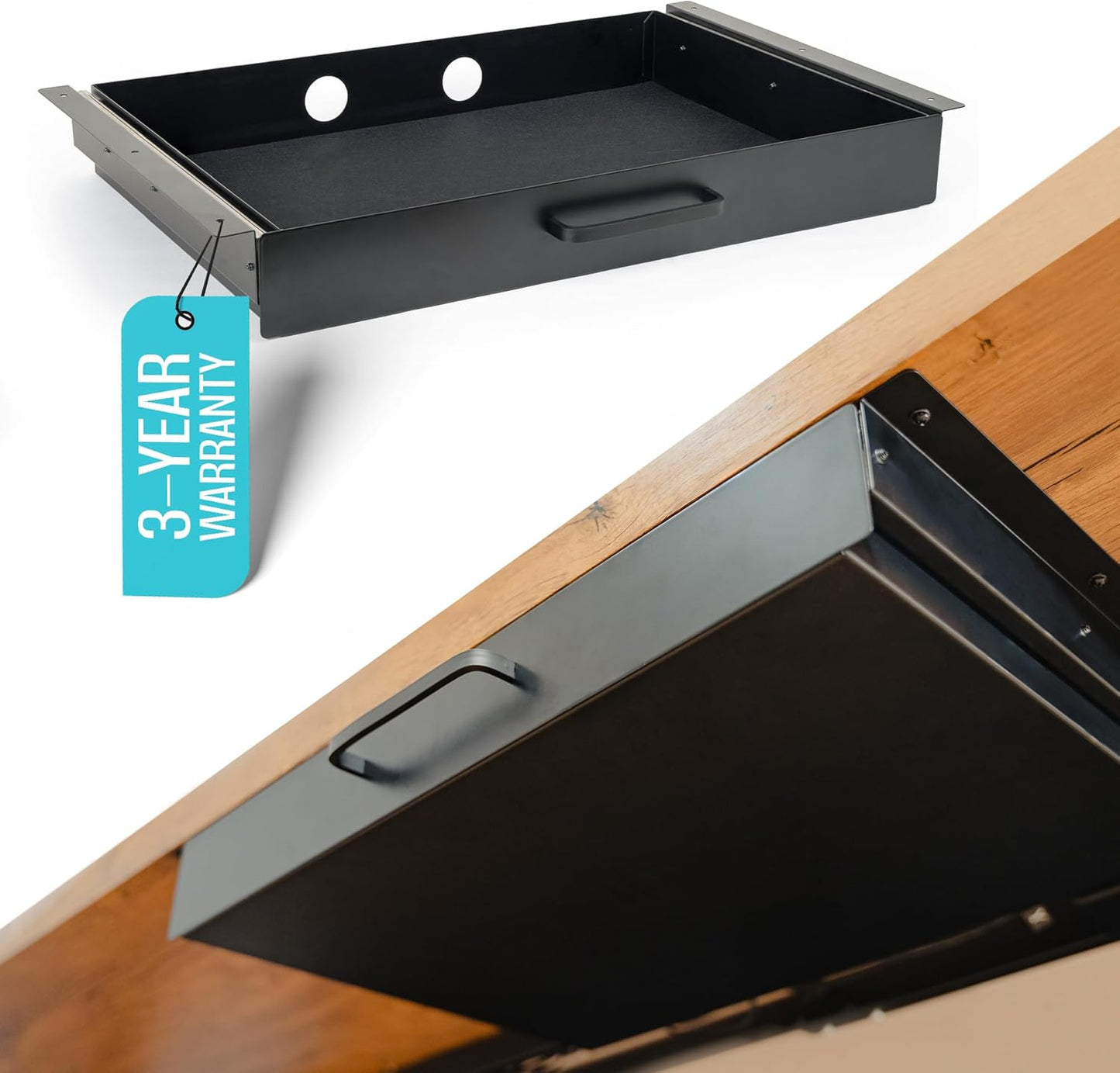 Under Desk Drawer Slide Out Attachment - Carbon Steel Undermount Table Drawer with Cable Management, Pull Out Add-On Storage for Office & Standing Desks (13" x 8" x 2.8")