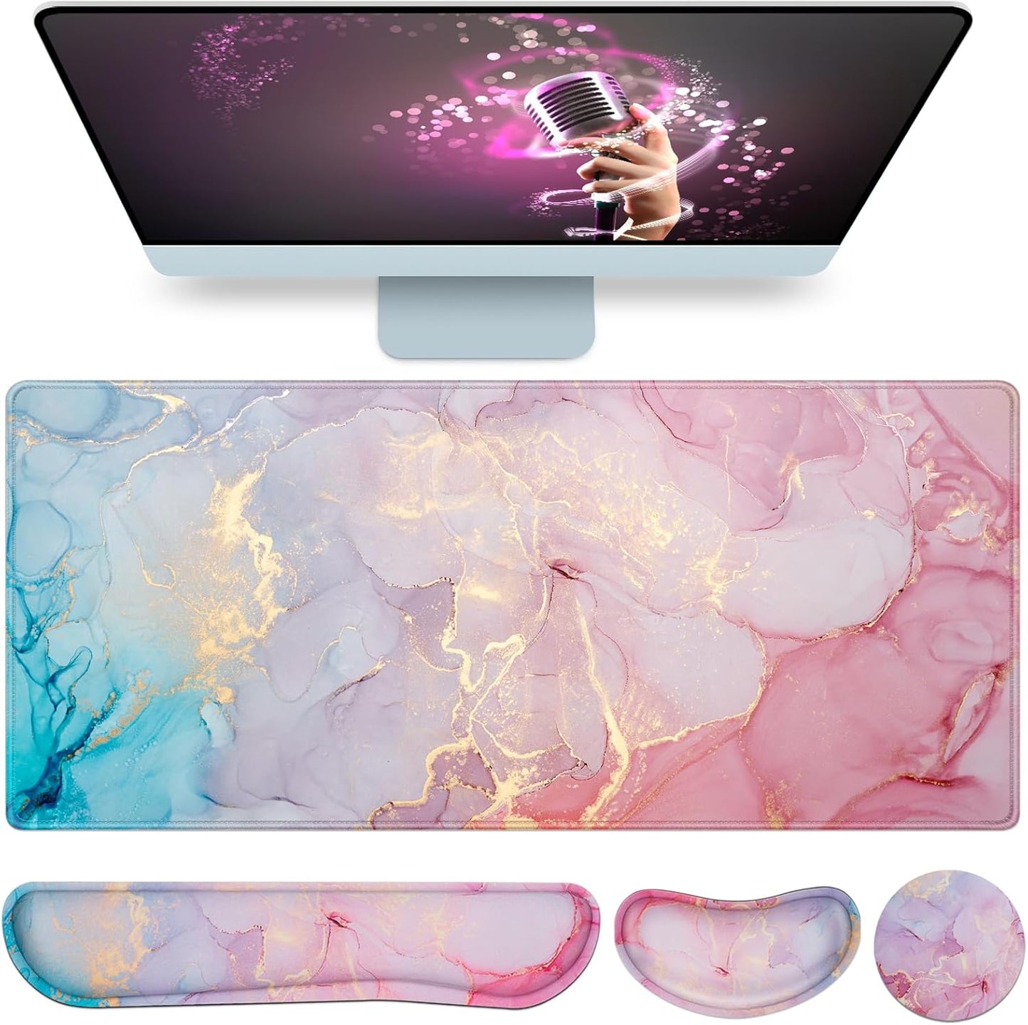 Desk Mat, Large Gaming Mouse Pad with Wrist Rest, 4in1 XXL Mousepad+Keyboard Wrist Rest+Mouse Pad Wrist Support+Cup Coaster Set Ergonomic Floral Computer Desk Arm Wrist for Decor Home Office Women