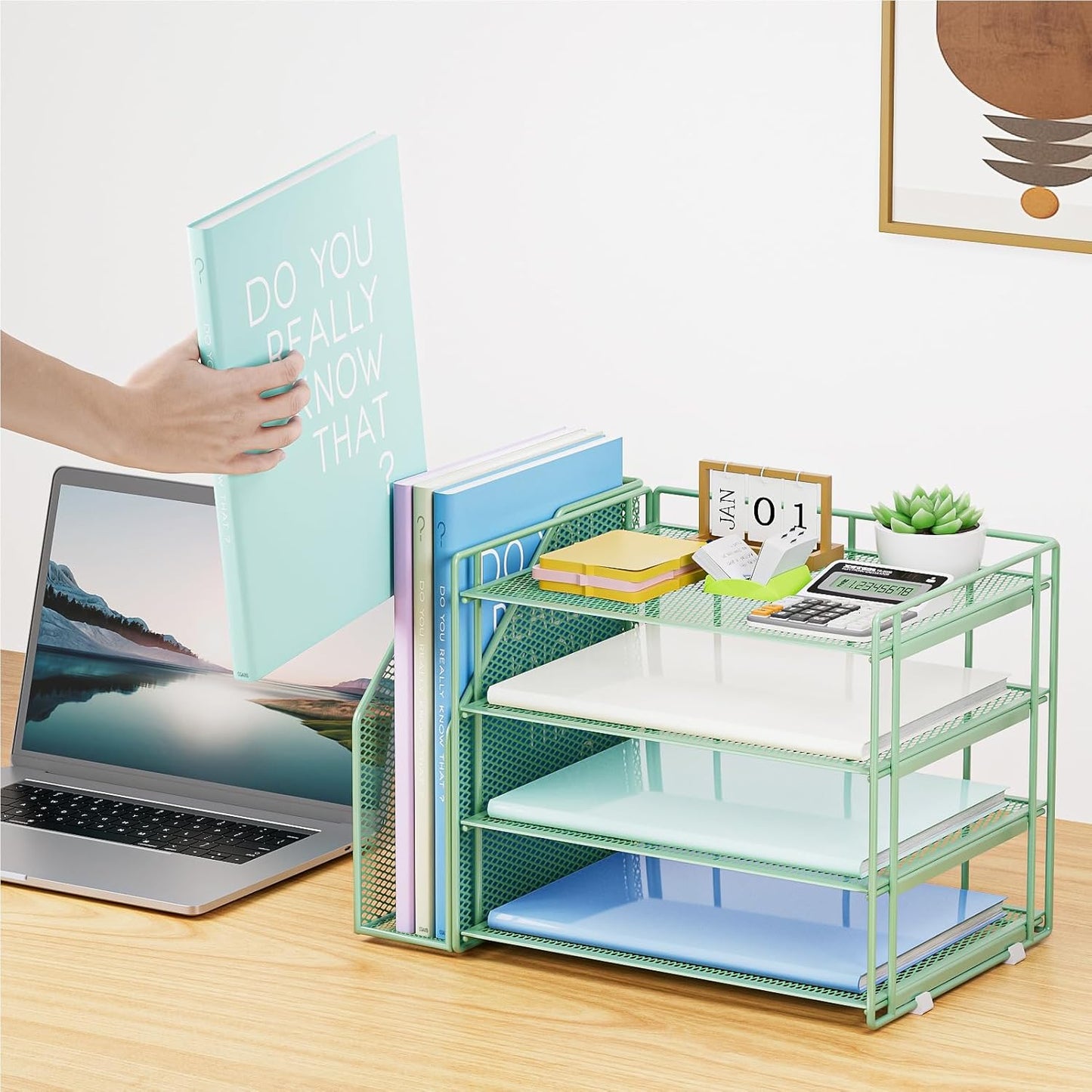 Marbrasse Desk Organizer and Accessories，4-Tier Paper Letter Tray Organizer with File Holder，Desk Accessories & Workspace Desktop Organizers for School Home Office Supplies (Blue)