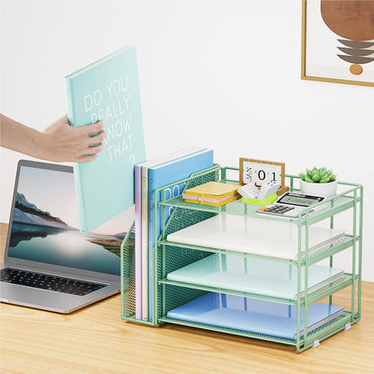 Marbrasse Desk Organizer and Accessories，4-Tier Paper Letter Tray Organizer with File Holder，Desk Accessories & Workspace Desktop Organizers for School Home Office Supplies (Blue)