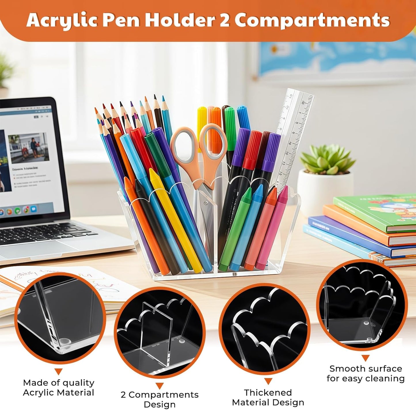 Scalloped Acrylic Pencil Holder – Clear Desk Organizer with 4 Compartments – Makeup Brush Holder & Remote Caddy for Office, Bathroom, Table – Party Accessory （4-Comp）