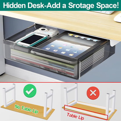 SVNNELP Under Desk Table Drawer Storage Organizer, Slide Out Drawer with 4 Compartments Divider,Pencil Storage Self-Adhesive Tray Under Table (M/Clear Black+White)