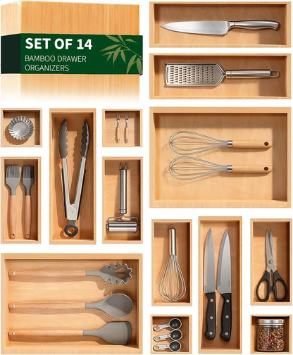 Bamboo Drawer Organizer 5 Pcs for Kitchen Multi-purpose Storage Dividers for Kitchen, Office, Jewelry, Cosmetics, Wooden Drawer Dividers for Drawer Organizer Desk Organizer Gift for Women Gifts Idea