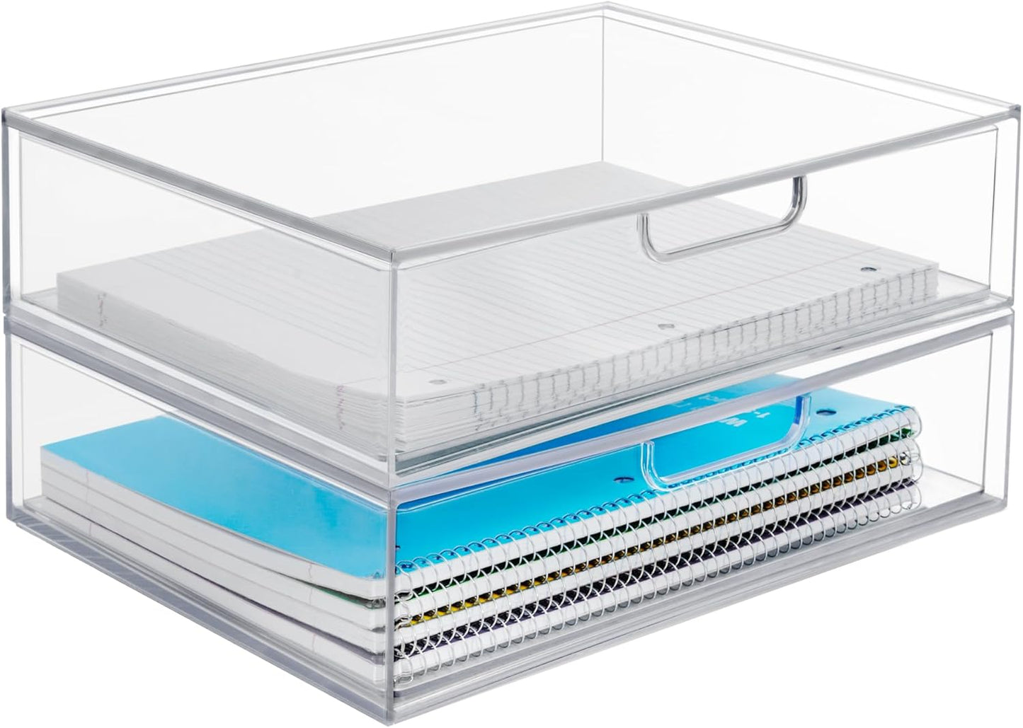 STORi STAX Plastic Stackable Organizer Drawers (Set of 2) Clear | 12.5" Wide | Set Includes Two Open Drawer | Organize Office Desk Accessories & Sort Paper | Made in USA