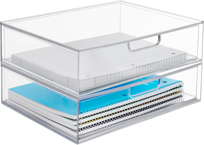 STORi STAX Plastic Stackable Organizer Drawers (Set of 2) Clear | 12.5" Wide | Set Includes Two Open Drawer | Organize Office Desk Accessories & Sort Paper | Made in USA