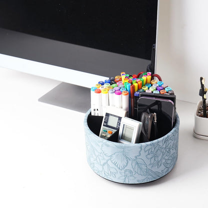 Hennaja Round Leather Art Supply Organizer,Remote Control Holder,360 Degree Rotating,Multi-Functional Pencil Holder,4 Compartments Desktop Stationary Organizer(1-Blue Bird) - Colors C
