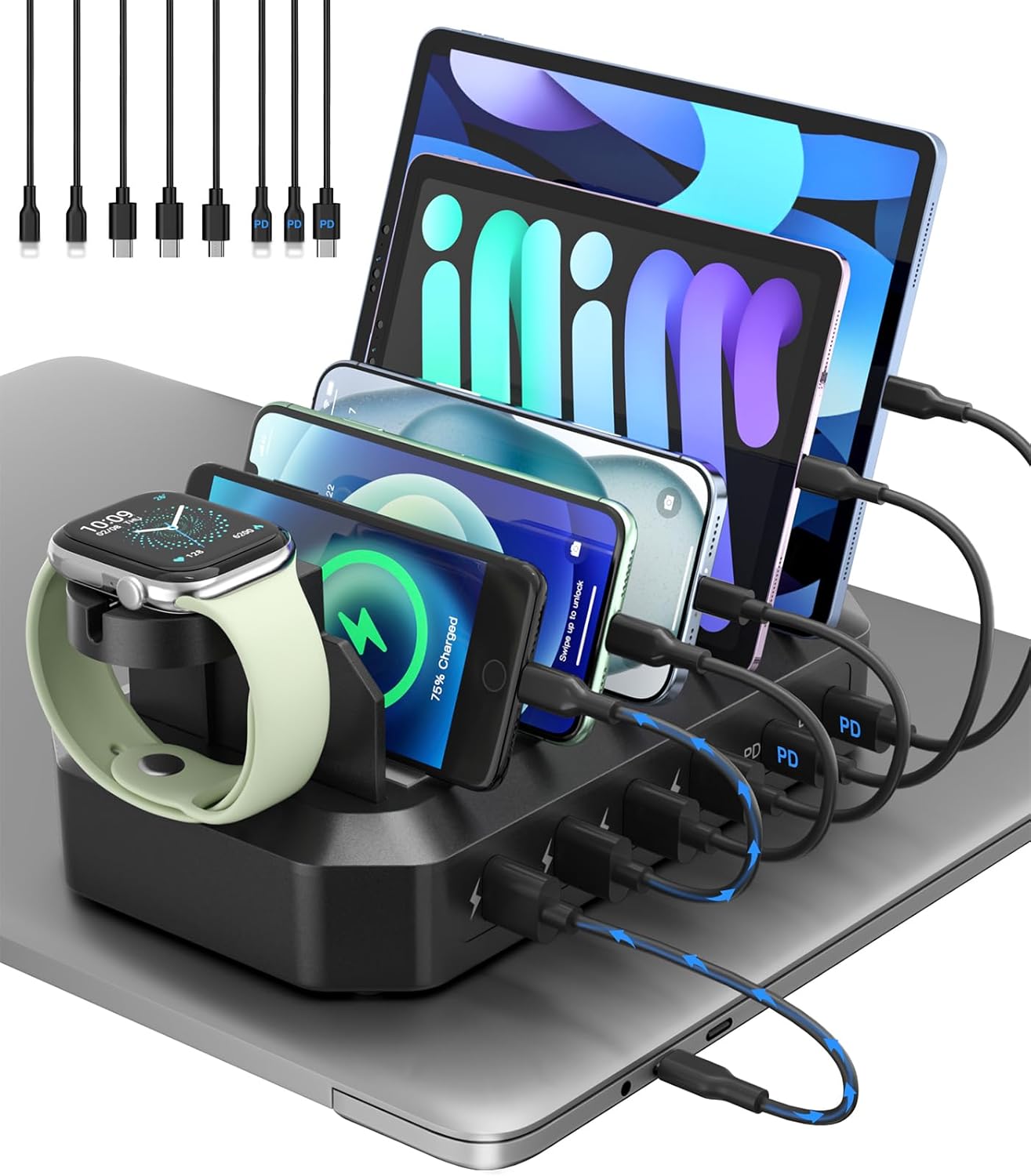95W Fast Charging Station for Multiple Devices【UL & FCC Tested Safer Charging】 6-Port USB Charging Dock with 2 PD-Port, Compatible with iPhone/Android/MacBook/iPad/Tablet/Kindle(8 Cables Included)