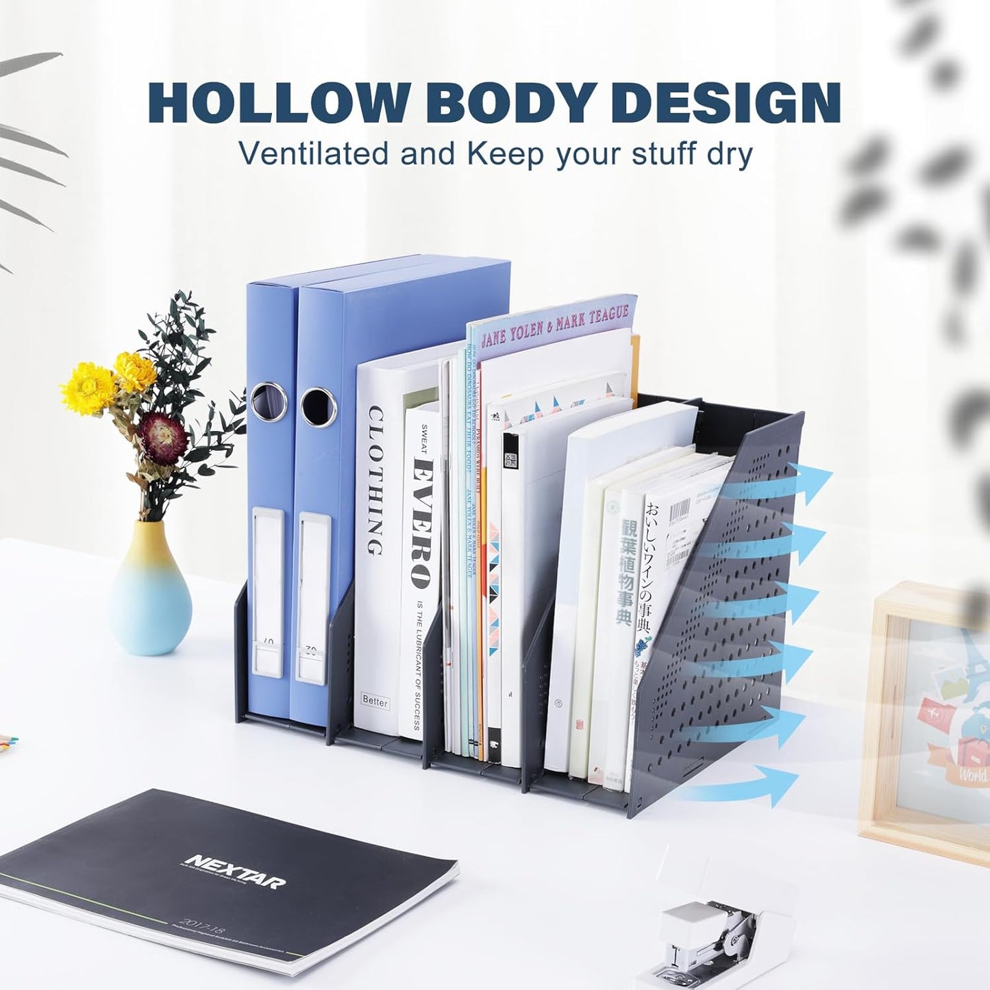 FRETONBA Collapsible Magazine File Holder with 2 Vertical Compartments Foldable Binder Holder for Desk Binder Storage Organizer Plastic Magazine Holders for Shelf, Dark Gray