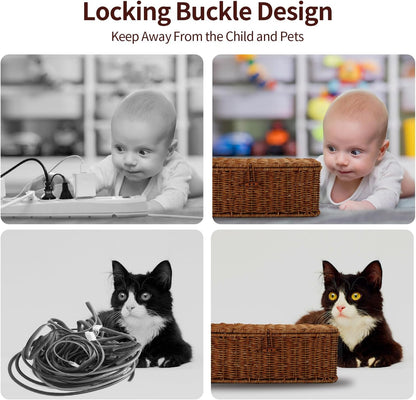 Cable Management Box, Desk Handwoven Rattan Cord Hider Cable Organizer Box With Lid Button Lock, Power Strip Cover Wicker Decorative Basket, Floor Wire Hiding Extension Cord Box (dark brown)