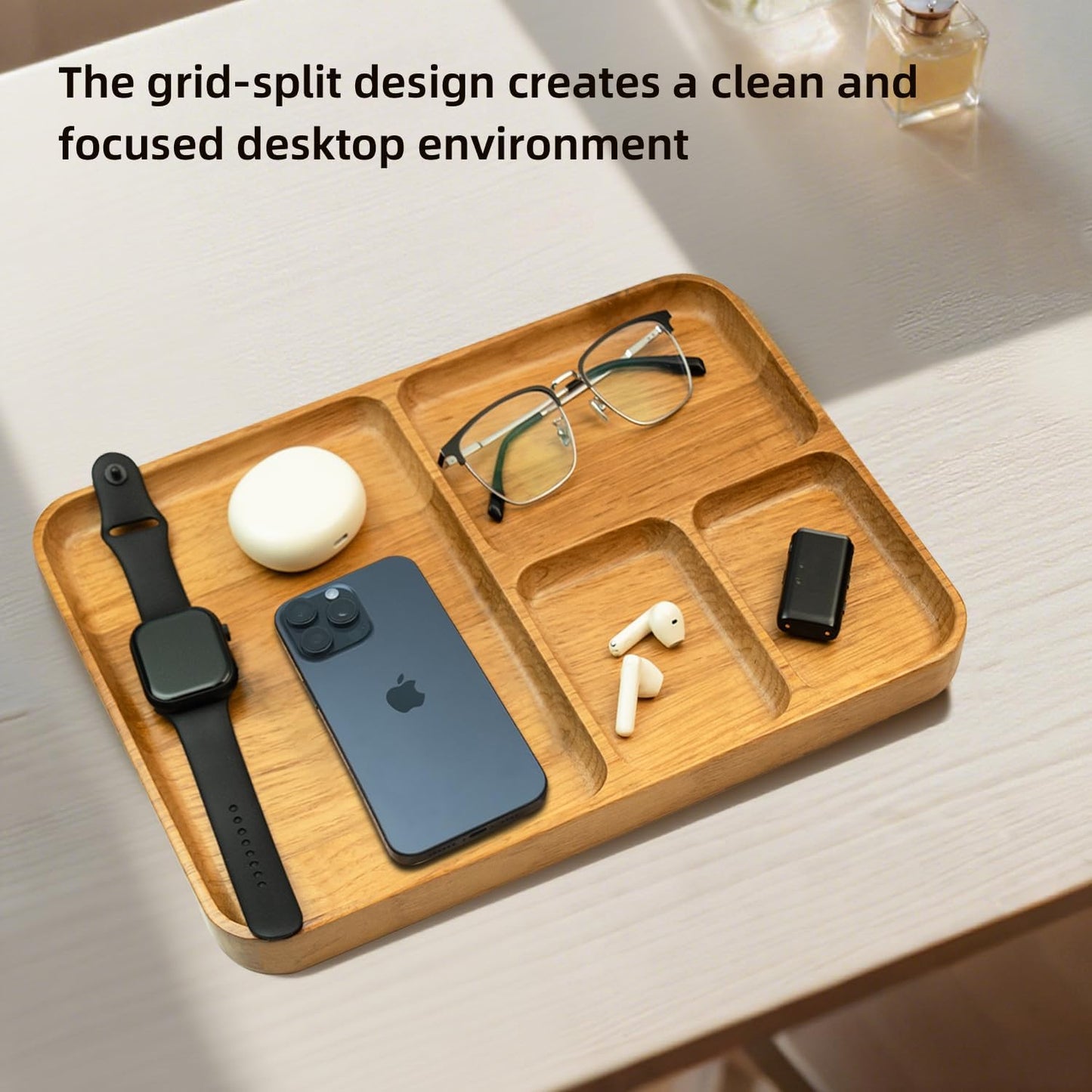 Desk Drawer Organizer Tray Wooden Valet Trinket Catch All Key Nightstand Tray with 4 Deep Dividers, 14x10x1'', Solid Wood Carved