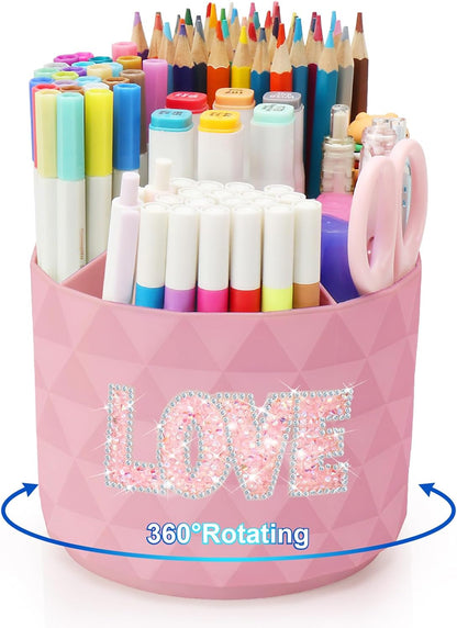 Desk Organizer, 360-Degree Rotating Pencil Pen Holders For Desk, Diamond Pattern Pen Organizer With 5 Compartments, Cute Desk Accessories Decor For Office, School,Home,Art Supply (Pink)