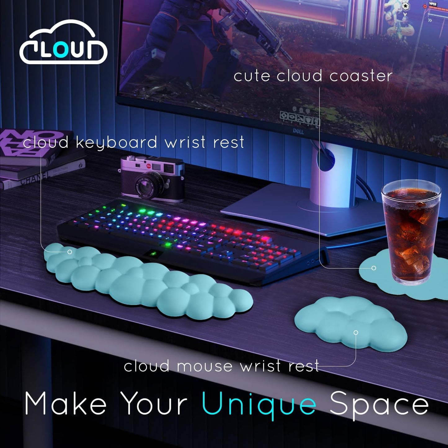 Cloud Wrist Rest for Computer Keyboard Arm Wrist Rest with Non-Slip Base Extended Wrist Rest Ergonomic Memory Foam for Keyboard and Mouse Typing Pain Relief, Office, Gaming, Computer