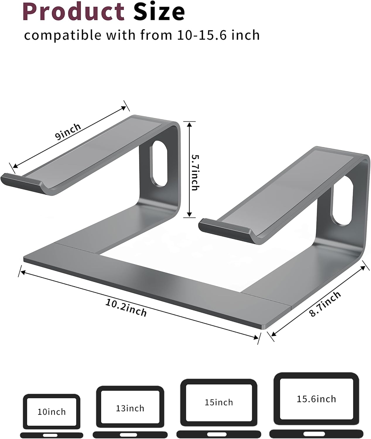 ALASHI Laptop Stand for Desk, Aluminum Computer Riser, Ergonomic Notebook Holder, Detachable Metal Laptops Elevator, PC Cooling Mount Support 10 to 15.6 Inches Notebook, Black