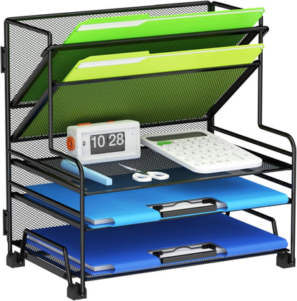 MINDEPOT 4-Tier Paper Organizer + 3-Pocket File Holder + Drawer + Pen Holders, Desktop File Organizers Paper Tray for Office Accessories School Classroom Organization (Black)