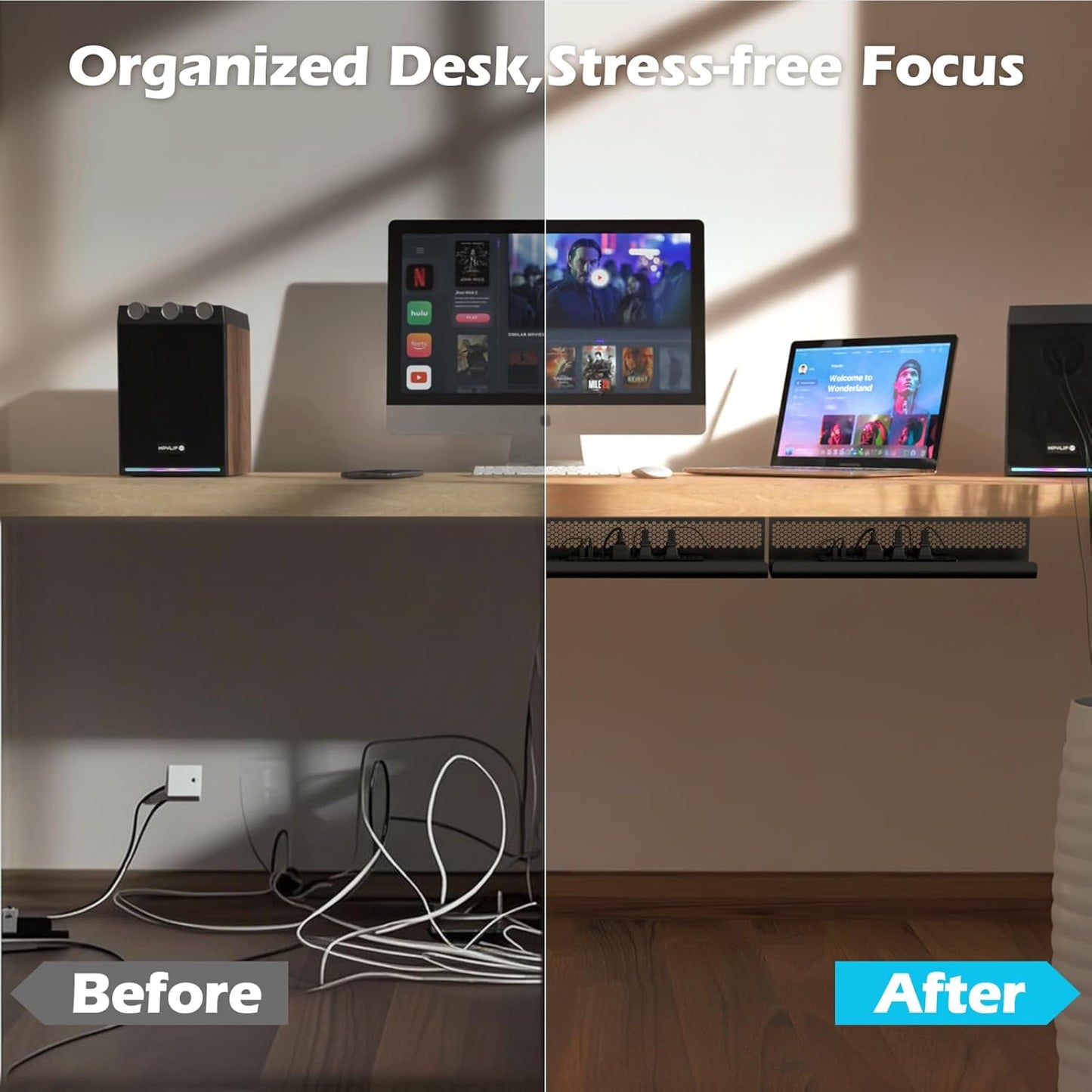 KHAMAL Cable Management Under Desk 26PCS - Cable Management Tray Kit Ventilated Hexagonal Design with Cable Clips, Wire Ties, Cord Holder & Screws for Office, Home - 2 White Sets
