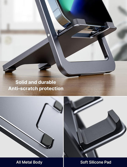 JSAUX Cell Phone Stand, Foldable Aluminum Adjustable Phone Holder for Desk Portable Travel Essentials Office Accessories for iPhone 17 16 15 14 13 Pro Max Samsung S25 S24 S23 Ultra Kindle-Gray
