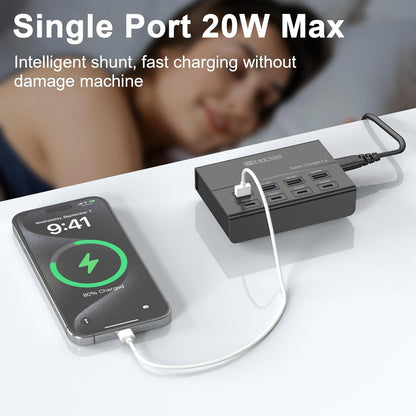 USB Charger with USB C PD20W and USB A QC18W, HITRENDS 60W PD Fast Charging Station, 5ft 8-Port Multiple Desktop Multi Port USB Charging Hub Compatible with iPad iPhone 17/16/15/14, Galaxy S24/S23/S22