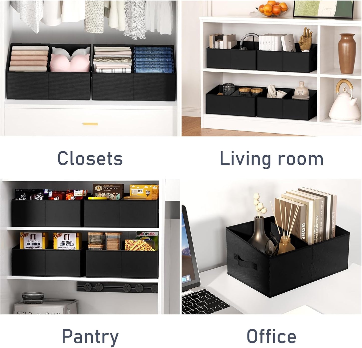 DIMJ Closet Storage Bins, 6 Pack Storage Baskets for Shelves, Foldable Closet Organizer with Handle, Linen Closet Organizers and Storage for Clothes, Toys, Towel, Books (Black)