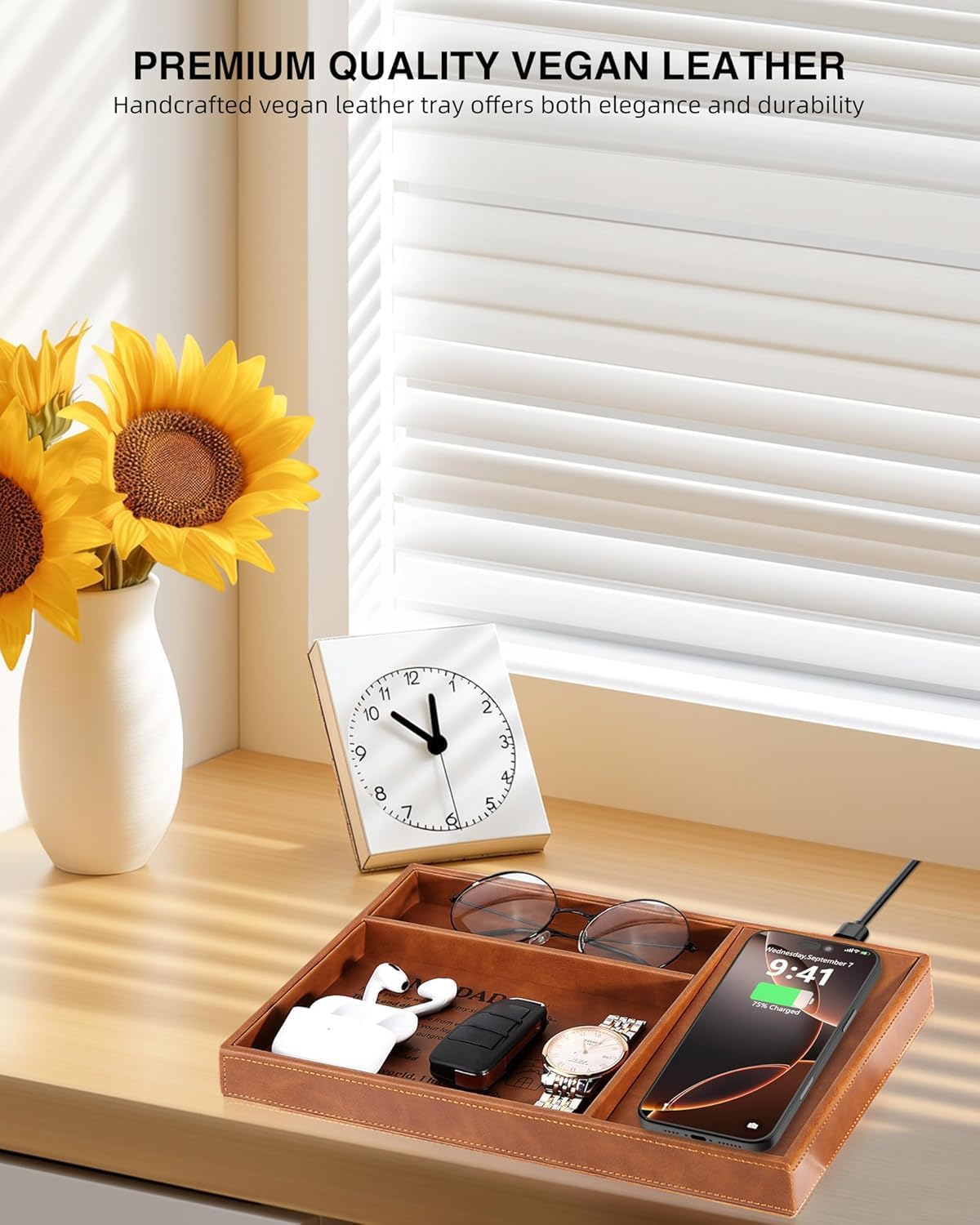 TopMade Wireless Charger Valet Tray, Father's Day Birthday Gifts for Dad, PU Leather Mens Jewelry Box for Iphone Charger, Desk Nightstand Organizer Charging Station Drawer Dresser Organizer(Brown)