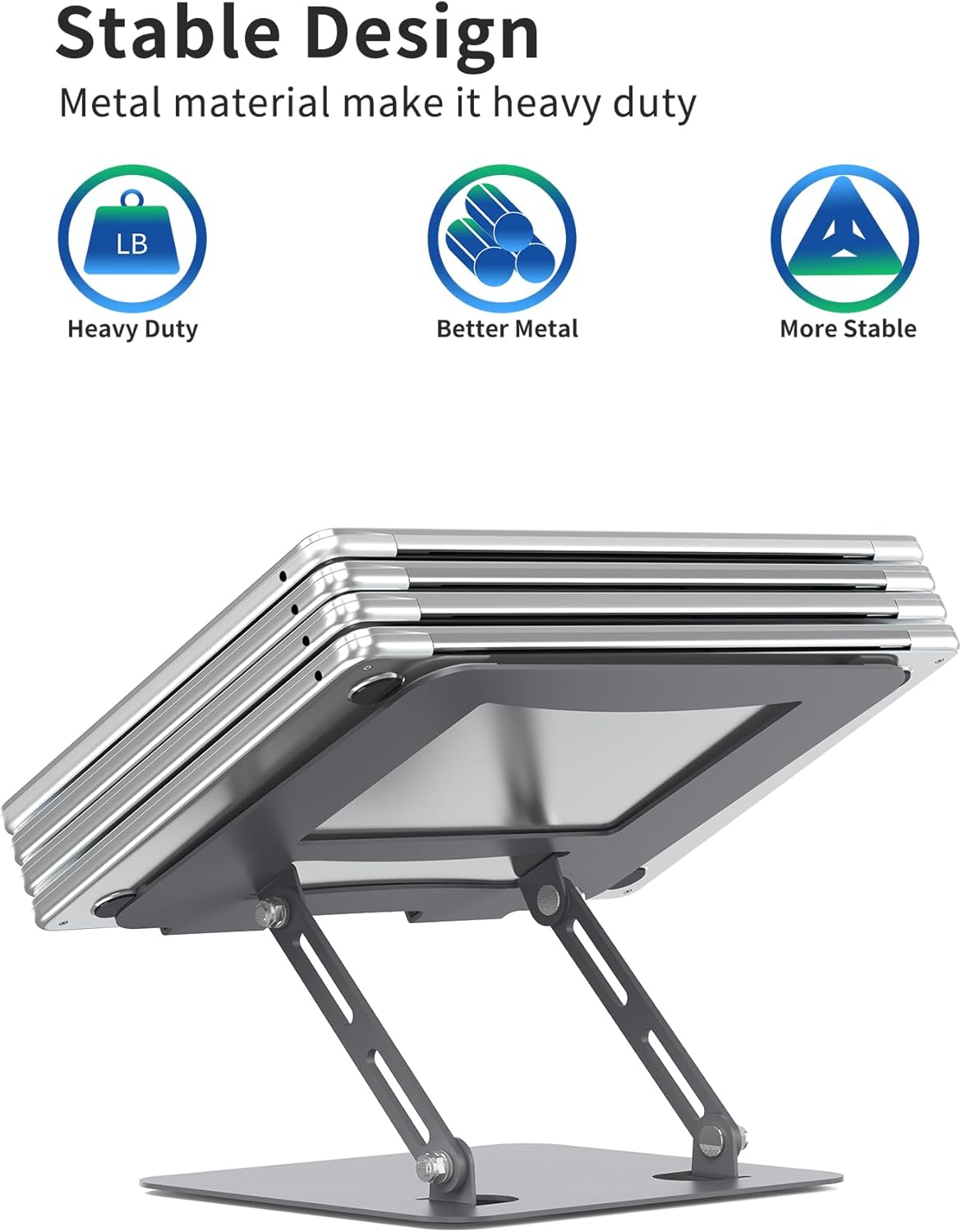 SOUNDANCE Laptop Stand for Desk with Stable Heavy Base, Adjustable Height Multi-Angle, Ergonomic Metal Riser Holder, Foldable Mount Elevator, Compatible with 10 to 15.6 Inches PC Computer, Silver