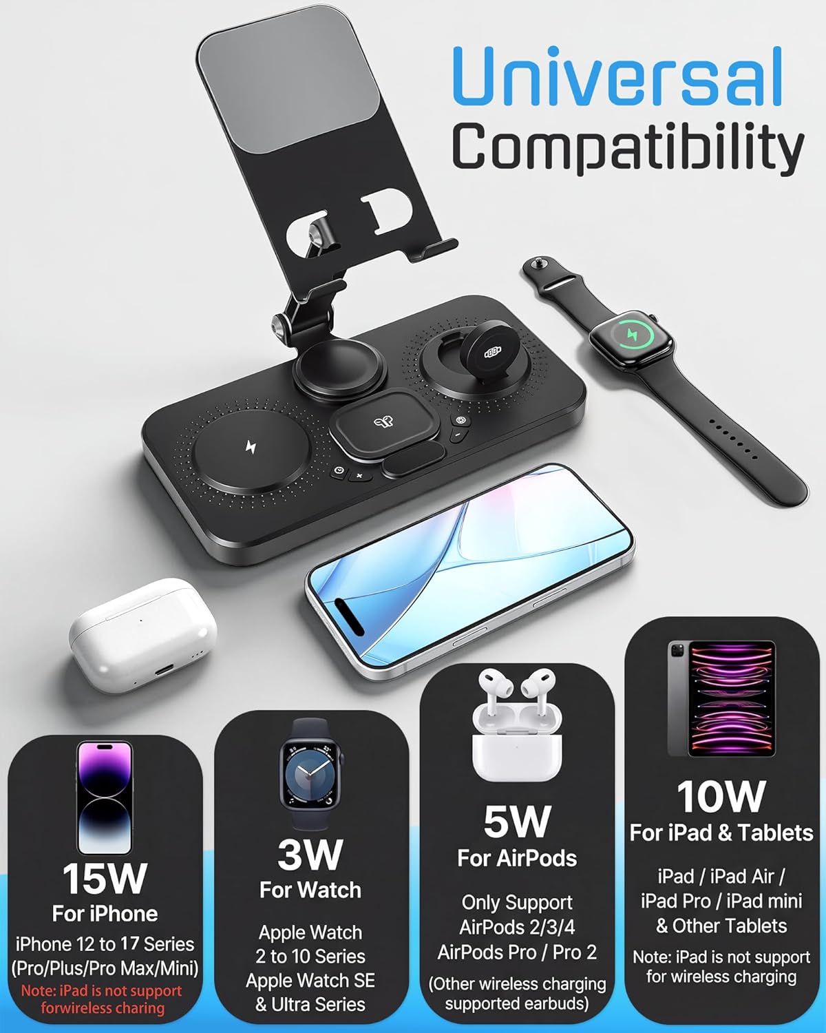 6 in 1 Charging Station for Apple Multiple Devices, Wireless Charging Station with Clock & 7 RGB Light, Foldable Wired Chargers for Multiple Devices for iPhone 17/16/15, iPad, Apple Watch, AirPods