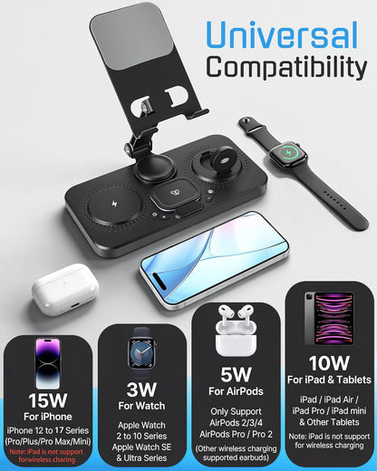 6 in 1 Charging Station for Apple Multiple Devices, Wireless Charging Station with Clock & 7 RGB Light, Foldable Wired Chargers for Multiple Devices for iPhone 17/16/15, iPad, Apple Watch, AirPods
