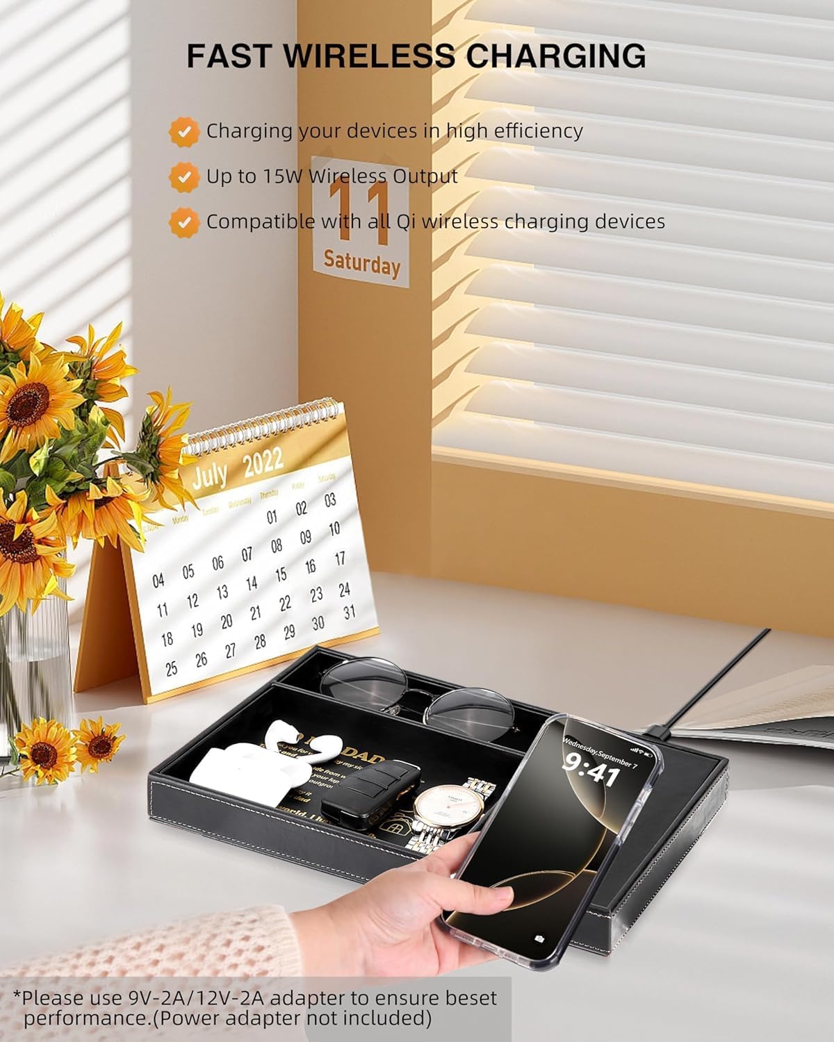 TopMade Wireless Charger Valet Tray, Father's Day Birthday Gifts for Dad, PU Leather Mens Jewelry Box for Iphone Charger, Desk Nightstand Organizer Charging Station Drawer Dresser Organizer(Brown)