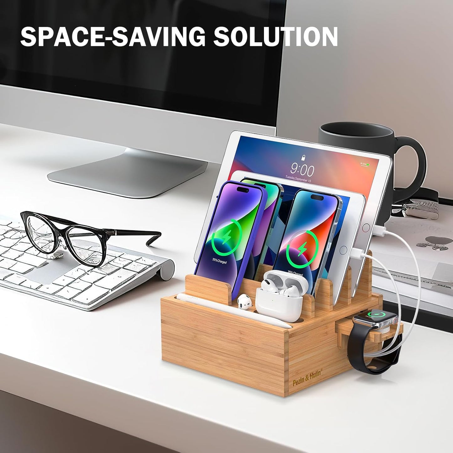 Bamboo Charging Station for Multiple Devices with 5 Port USB Charger, 5 Charger Cables and Smart Watch Stand. Wood Desktop Dock Stations Electronic Organizer for Cell Phone, Tablet, Watch, Office