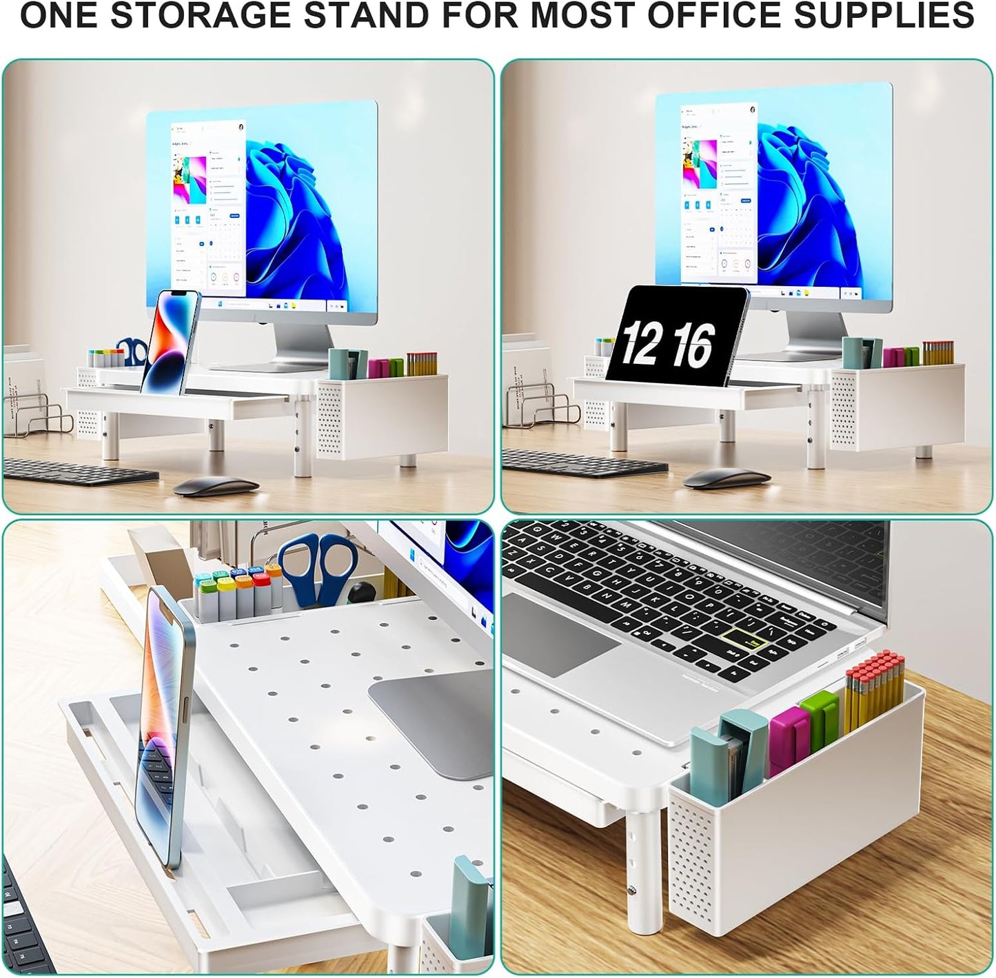 WALI Computer Monitor Stand with Storage, Desk Monitor Riser 3 Height Adjustable, Laptop Riser with Airflow Vents, Desk Organizer for Computer, Laptop, Printer (PTT002-B), 1 Pack, Black