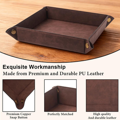 Valet Tray Desktop Storage Organizer – Premium PU Leather Catchall Bedside Vanity Tray Nightstand Caddy Holder for Remote Controller, Keys, Phone, Wallet, Coin, Jewelry,Brown