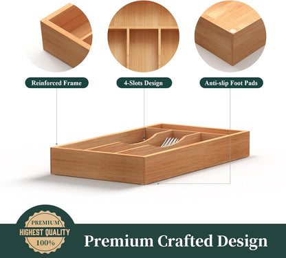 Small Silverware Organizer, Bamboo Kitchen Drawer Organizer, Utensil Holder, Cutlery Tray & Spoon Flatware Storage with Grooved Drawer Dividers (6.7''W x 12''D)