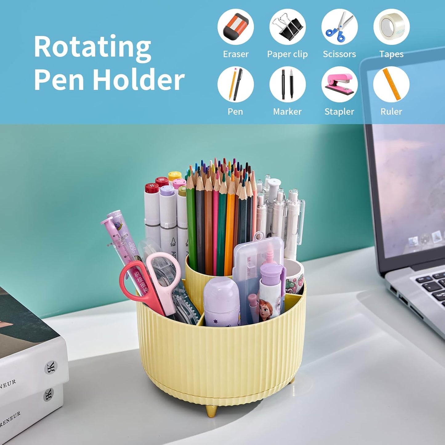 Marbrasse Desk Organizer, 360-Degree Rotating Pen Holder, Desk Organizers and Accessories with 5 Compartments Pencil Holder, Art Supply Storage Box Caddy for Office, Home（White）