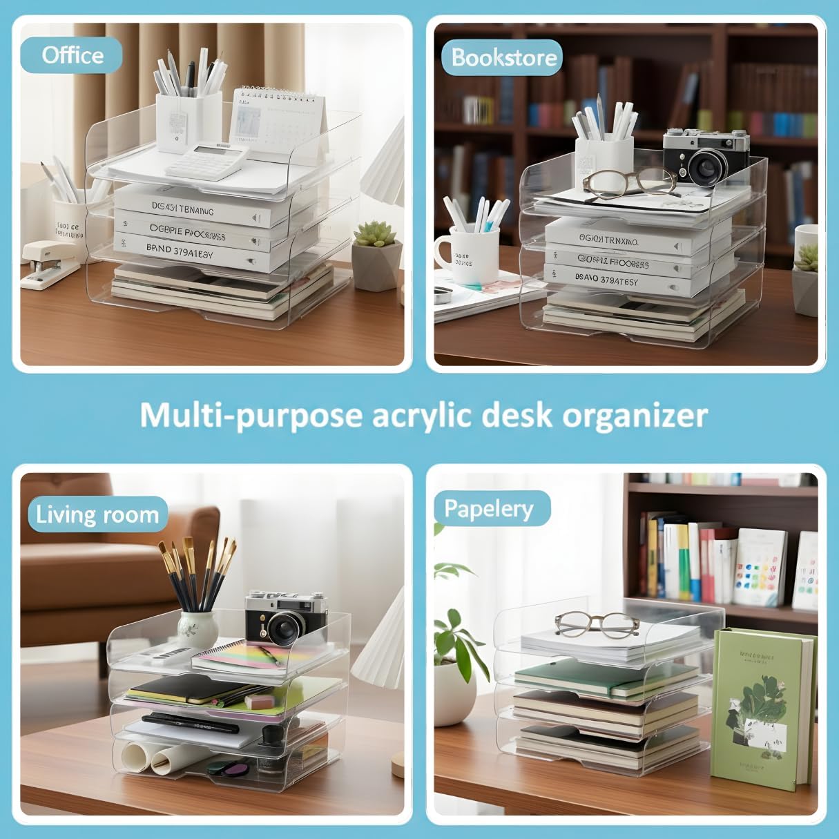 Acrylic File Organizer with 1 Ring Binder, 2 Clear Files & 1 Diary – 4 Tier Stackable Paper Letter Tray Desk Organizer, Clear Document Holder for Letter/A4, Office Files, Notes & Home Office Storage