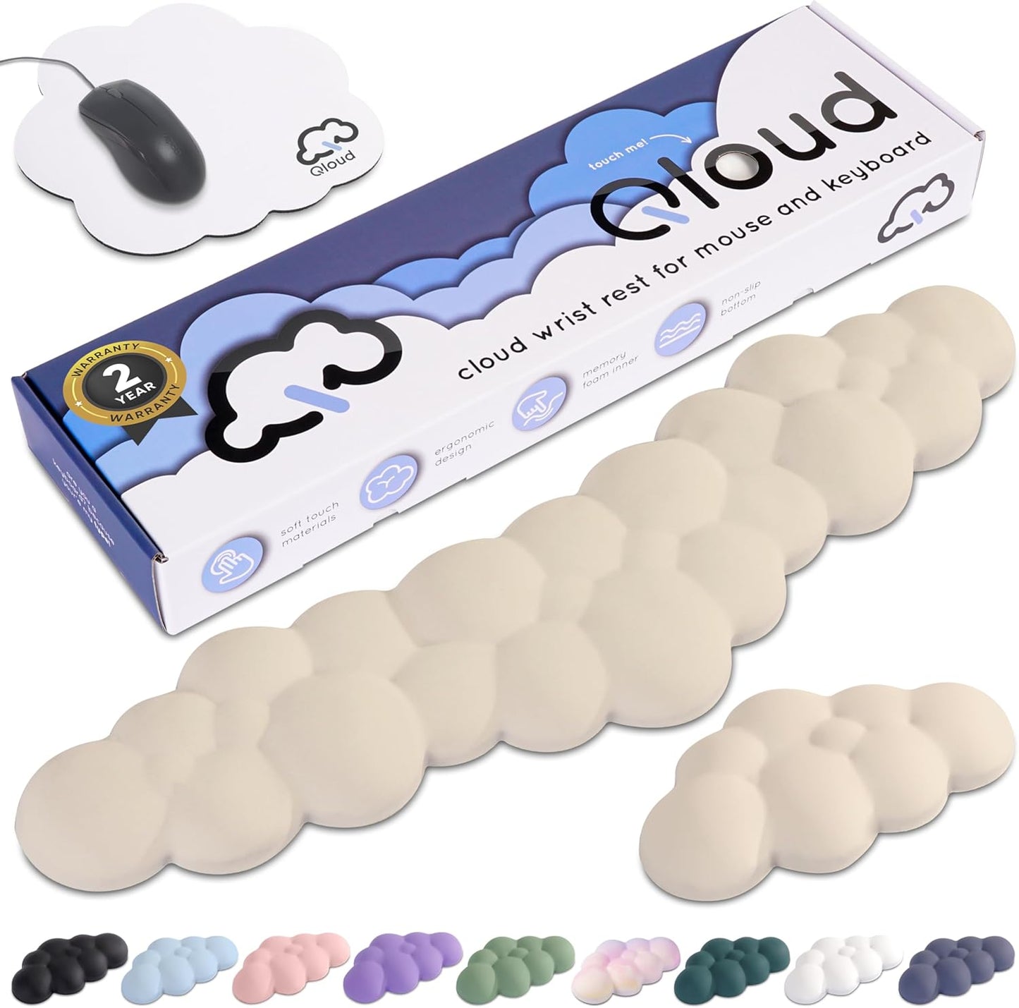 Cloud Keyboard Wrist Rest – Create-ables Qloud Cloud Wrist Rest for Computer Keyboard and Mouse, Ergonomic Memory Foam Wrist Pad with Non-Slip Base, Includes Cloud Mouse Pad – White