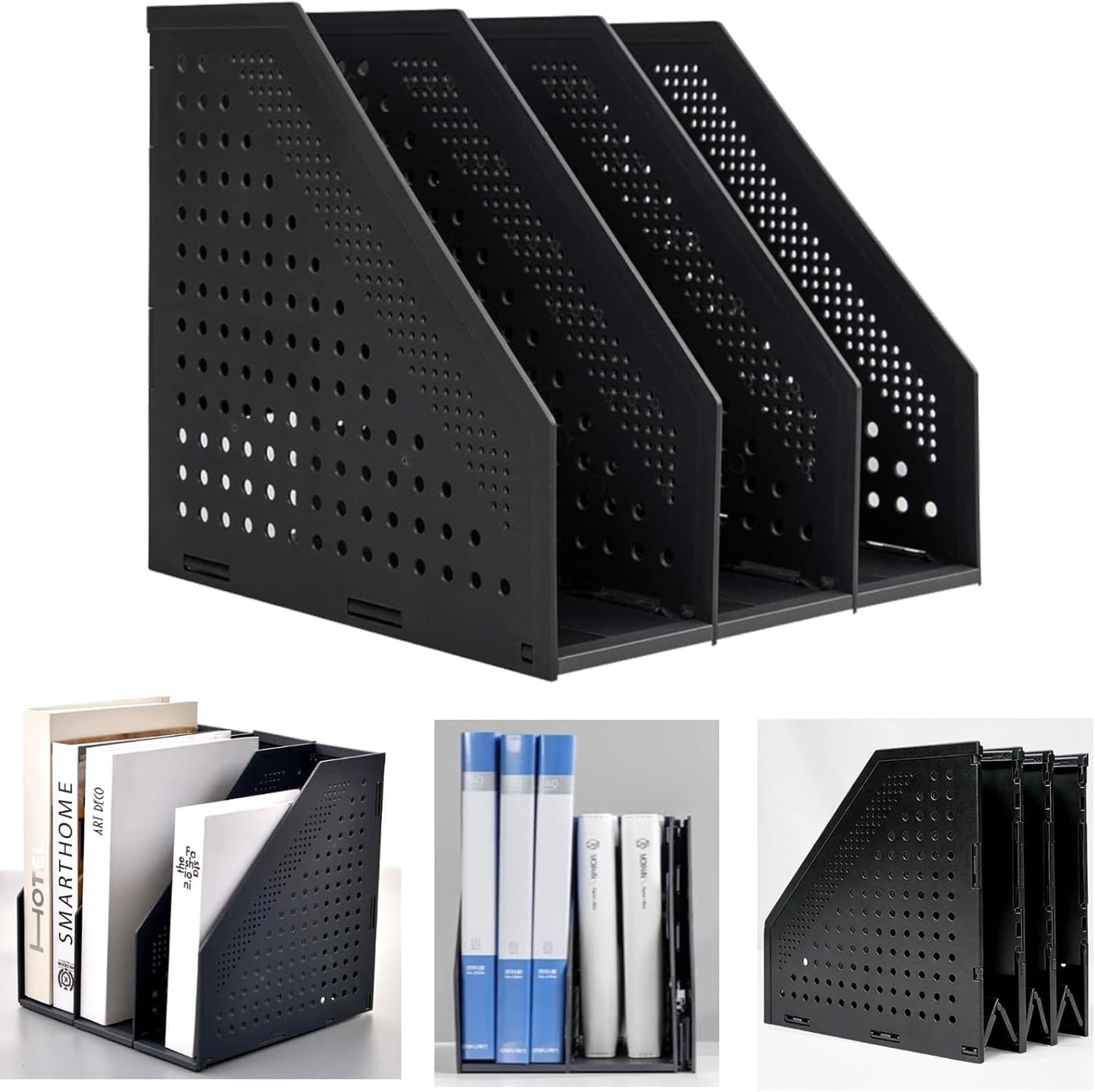 Marte Vanci Collapsible Magazine File Holder with 4 Vertical Compartments, Binder Holder for Desk, Desktop Binder Organizer for Notebook, Documents, Book, School Office Supplies(Black)