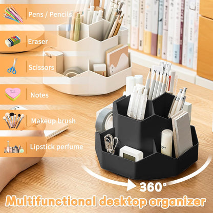 Cayxenful Pencil Pen Holder for Desk,9 Slots 360 Degree Rotating Desk Organizers,Desktop Storage Stationery Supplies Organizer, Cute Pencil Cup Pot For Office, School, Home(White)